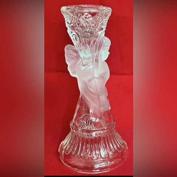 Cherub Angel Candlestick Holder Clear and Frosted Glass 6.5" for Dinner Candles - Picture 3 of 7